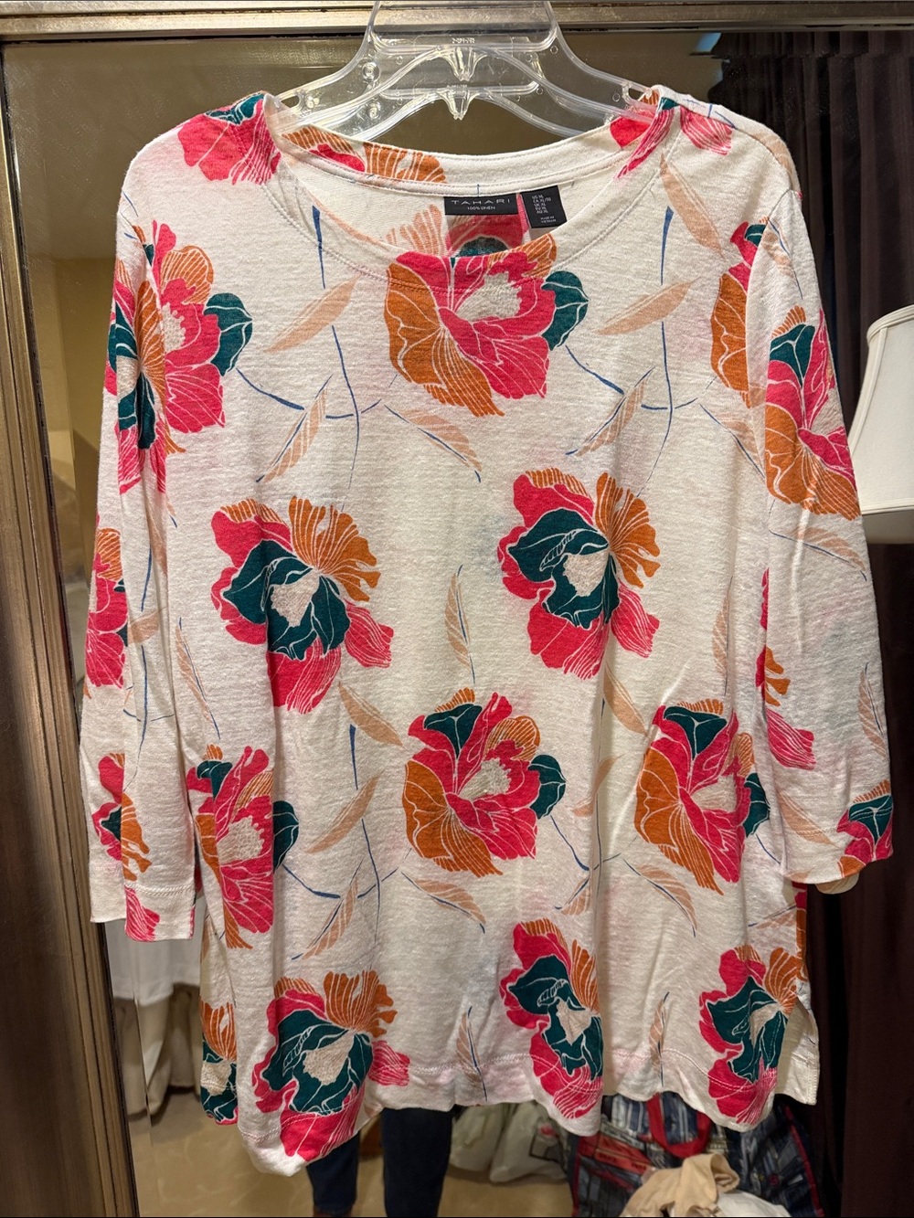 Tahari Floral Print 3/4 Sleeve Women's Tunic - Cream, Pink, Teal XL